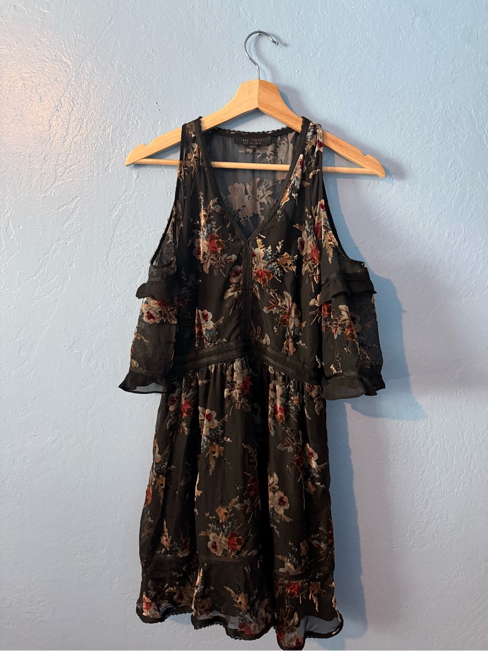 All Saints Black Floral Cold-Shoulder Chiffon Dress